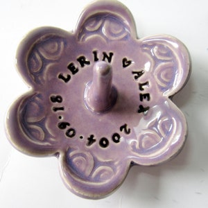 Ring Dish Stamped with Your Personalized Custom Message, Handmade Ceramic Pottery lilac