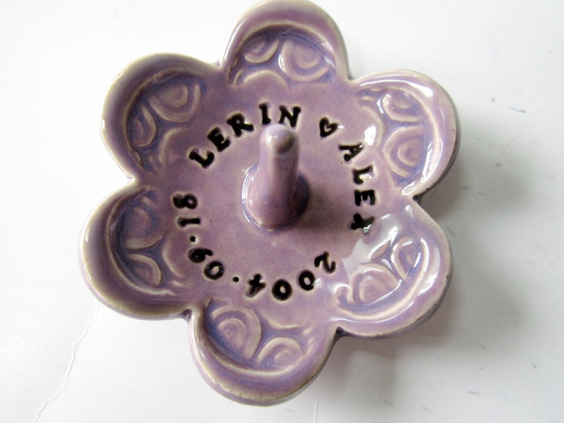 Ring Dish Stamped with Your Personalized Custom Message, Handmade Ceramic Pottery lilac