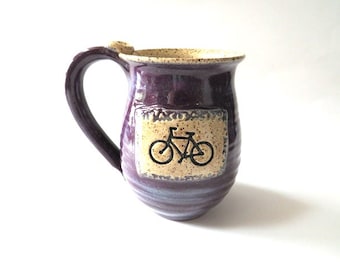 Decorative Mug, stamped bike, bicycle print, purple and beige