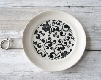 Black and white Ring Dish, Botanical,  trinket dish,  candle dish,  handmade