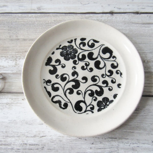 Black and white Ring Dish, Botanical,  trinket dish,  candle dish,  handmade