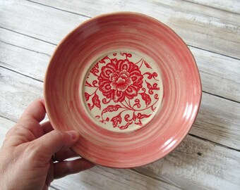 Shallow ceramic bowl, Pink, red and ivory,  handmade pottery