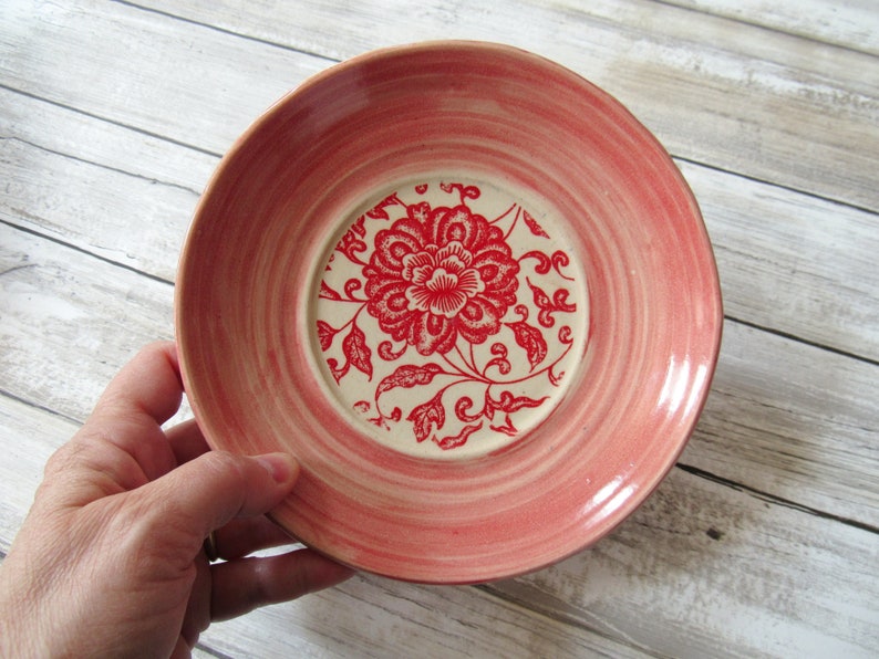 Shallow Ceramic Bowl Pink Red and Ivory Handmade Pottery Etsy