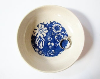 Ring dish,  Blue and Ivory, Useful Pottery Dish, snack size or jewelry dish