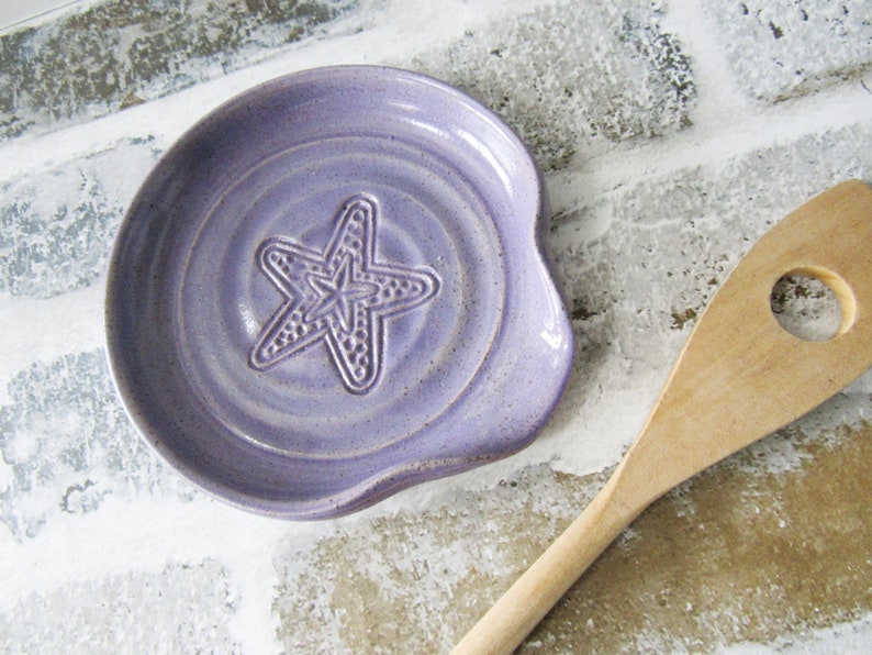 Lavender Spoon Rest ladle plate speckled lilac starfish stamp