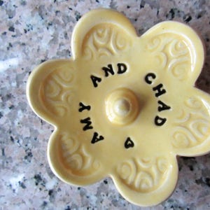 Ring Dish Stamped with Your Personalized Custom Message, Handmade Ceramic Pottery Yellow
