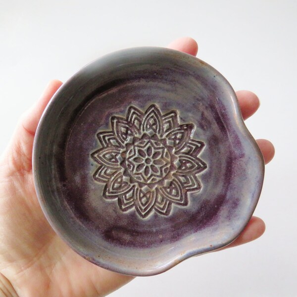 Small spoon rest,  purple with mandala,  wheel thrown Pottery