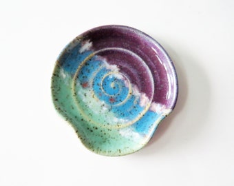 Wee Spoon Rest, layered purple, blue and green, wheel thrown stoneware