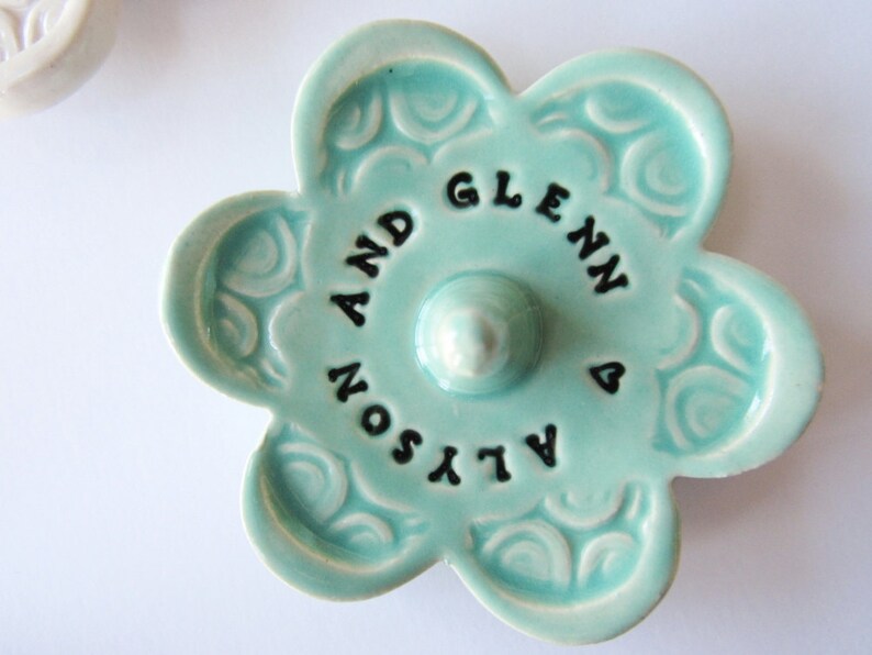 Ring Dish Stamped with Your Personalized Custom Message, Handmade Ceramic Pottery mint green