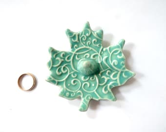 Mint green Pottery Leaf, Ring Holder, Glazed in Spa green