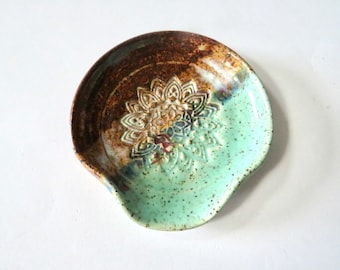 Trio colors spoon rest, wheel thrown stoneware, mint, shino, rust, gift for the cook