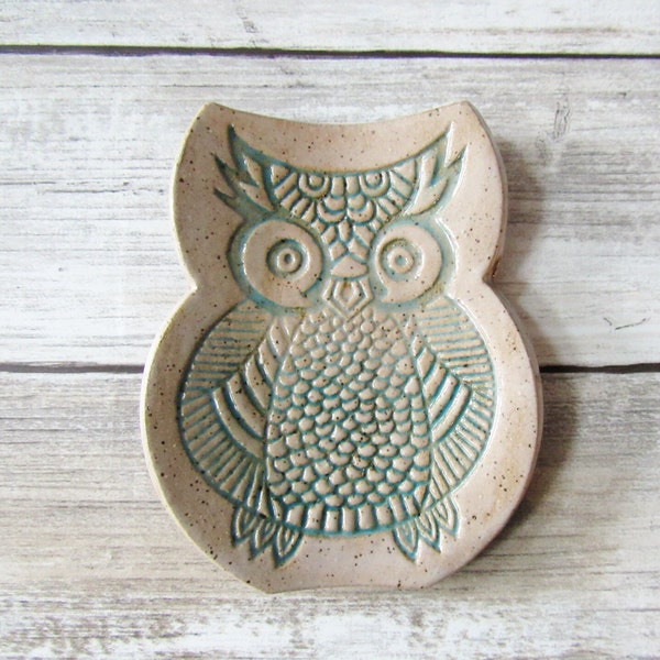 Spoon Rest or ring dish, owl  design, glazed in turquoise and beige, Stoneware Pottery