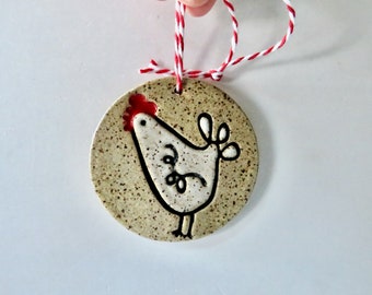 Rustic Chicken ornament, hen ornament, farmhouse charm, speckled ceramic clay