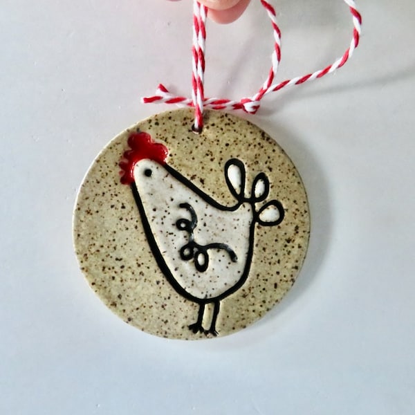 Rustic Chicken ornament, hen ornament, farmhouse charm, speckled ceramic clay