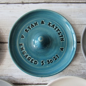 Engagement ring holder, personalized ring dish, customized wedding gift, imprinted clay teal
