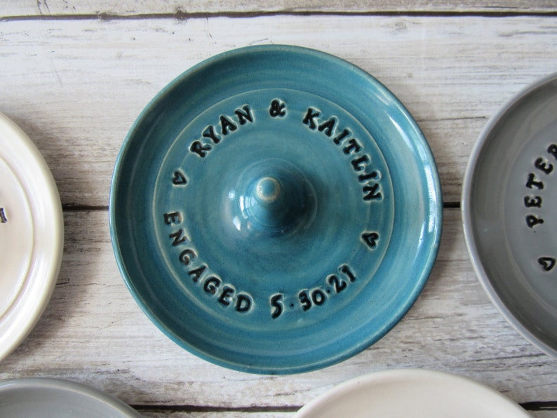 Engagement ring holder, personalized ring dish, customized wedding gift, imprinted clay teal