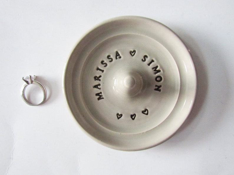 Engagement ring holder, personalized ring dish, customized wedding gift, imprinted clay taupe