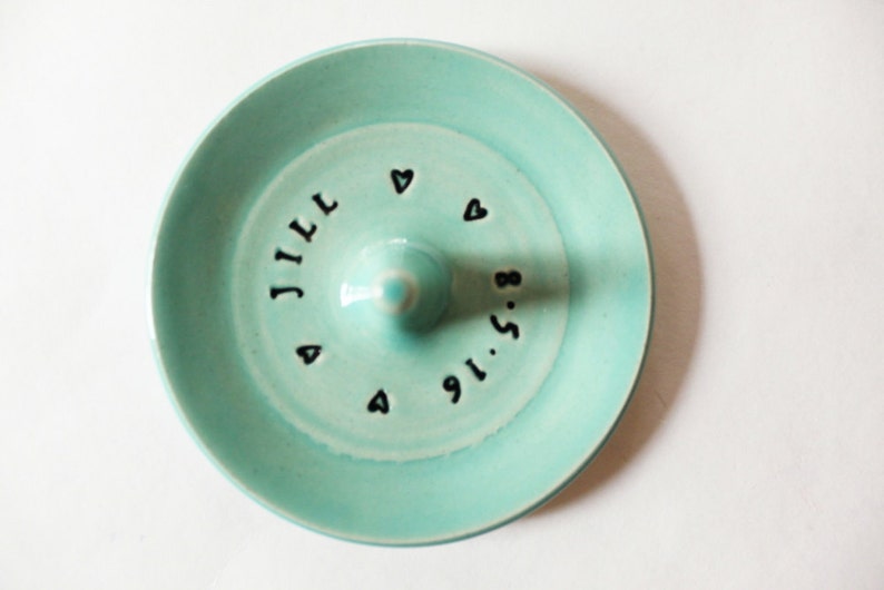 Engagement ring holder, personalized ring dish, customized wedding gift, imprinted clay spa green