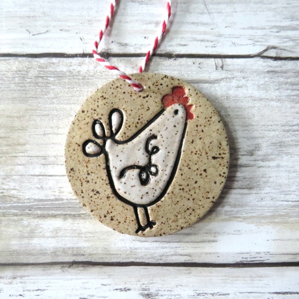 Speckled Chicken ornament, rustic hen ornament, farmhouse charm, speckled ceramic clay