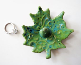 Leaf Ring Dish,  maple leaf shape,  speckled blue and green ring holder
