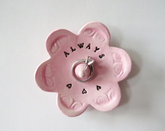 Pink Keepsake Ring Dish for the bride, Always,  Wheel Thrown, Clay Pottery, In Stock