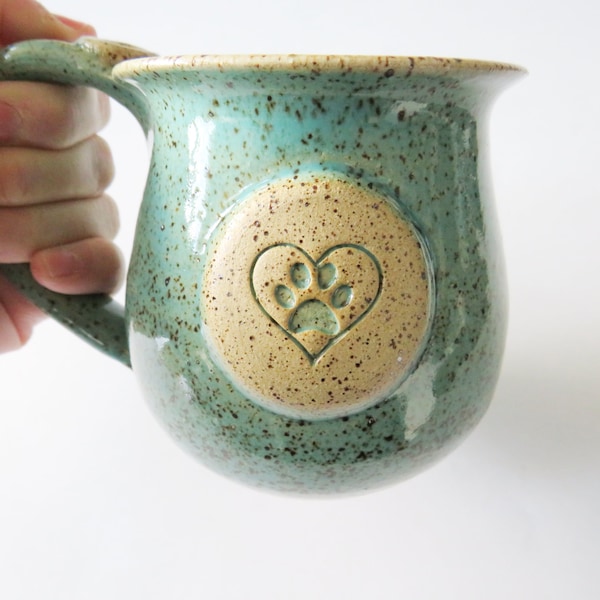 Small mug, Paw Print mug, jade green and oatmeal