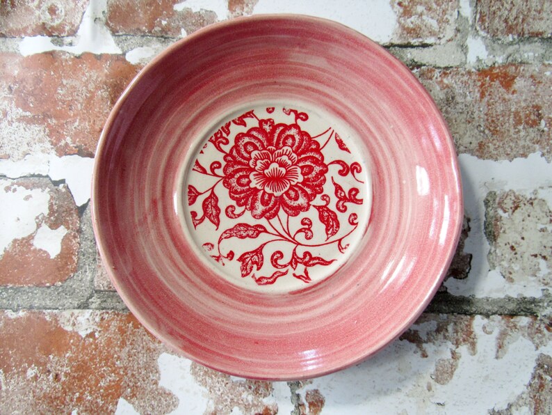 Shallow Ceramic Bowl Pink Red and Ivory Handmade Pottery Etsy