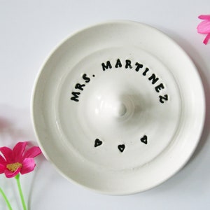 Engagement ring holder, personalized ring dish, customized wedding gift, imprinted clay soft white