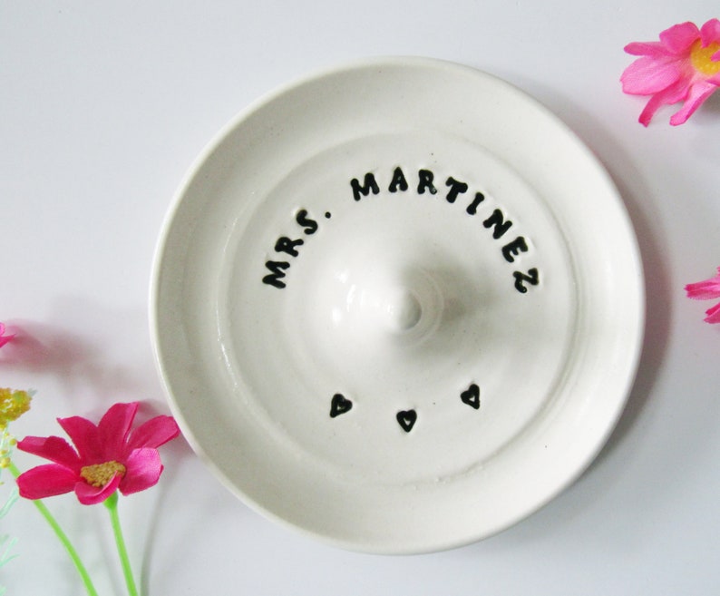 Engagement ring holder, personalized ring dish, customized wedding gift, imprinted clay soft white