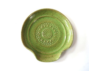 Spoon Rest, glazed in chartreuse green with speckles, mandala print