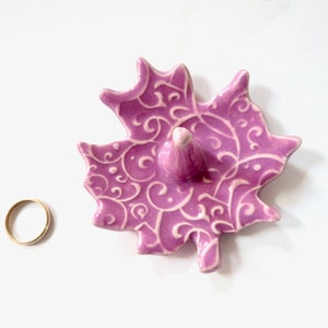 Pink Ceramic Ring Holder Leaf - Glazed in violet pink