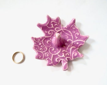 Pink Ceramic Ring Holder Leaf - Glazed in violet pink