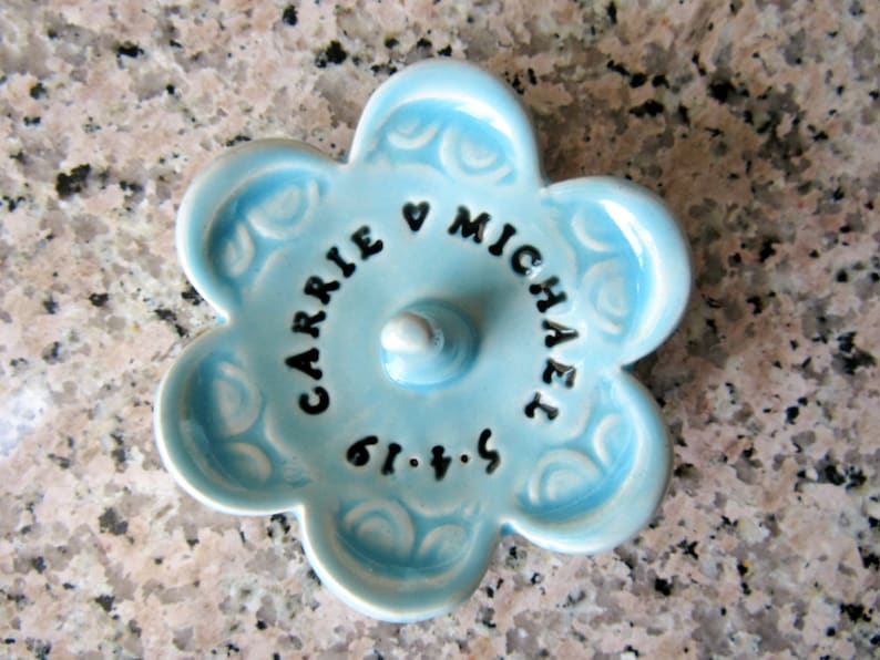 Ring Dish Stamped with Your Personalized Custom Message, Handmade Ceramic Pottery light blue