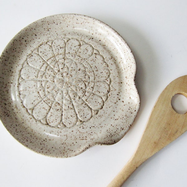 Flower Mandala Spoon Rest,  ladle rest for stove, glazed in ivory white, wheel thrown Pottery