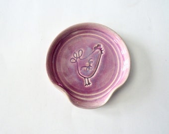 Farmhouse Chicken/Hen Spoon Rest, layered pink and purple, Ladle Rest, wheel thrown Pottery