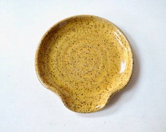 Yellow spoon rest, speckled ladle rest, farmhouse pottery, dandelion gold