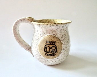 Happy Camper Gift Mug, white and beige glazes, 8 oz Coffee Cup with thumb rest