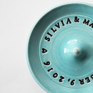 Engagement ring holder, personalized ring dish, customized wedding gift, imprinted clay sea isle turquoise