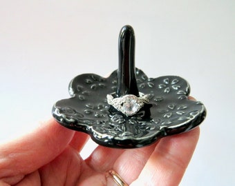 Deep Black Ring Dish - Ebony ring holder - Ceramic clay Ring Dish, Gift box included