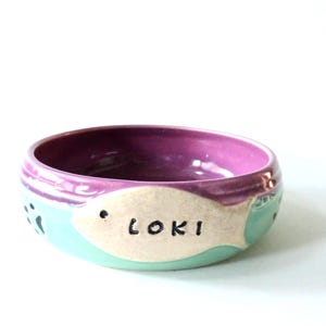 Personalized Cat Food Bowl: Handmade Ceramic Pottery with Paw Prints
