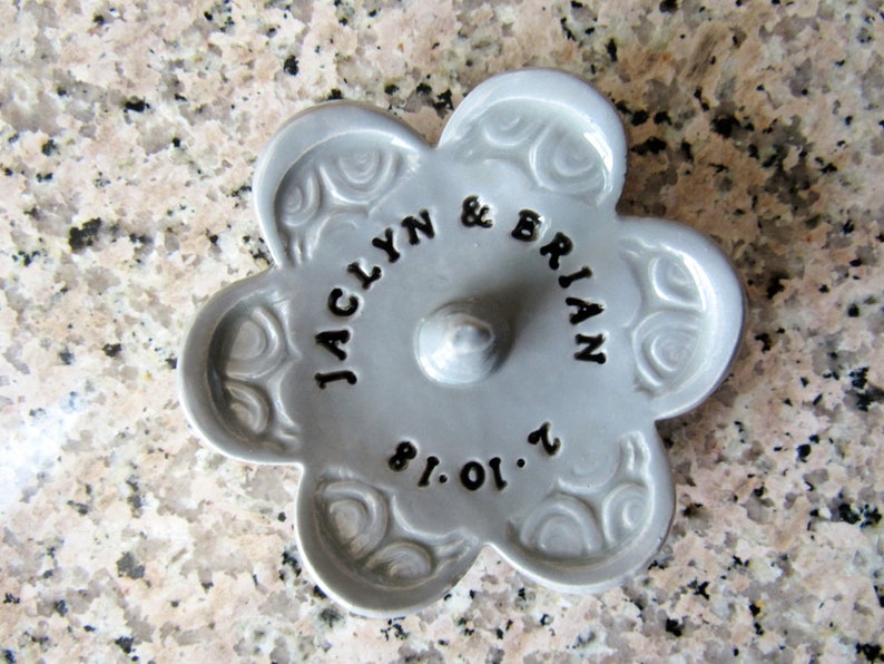 Ring Dish Stamped with Your Personalized Custom Message, Handmade Ceramic Pottery Gray