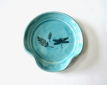 Small spoon rest, dragonfly,  circular ceramic dish,  handmade