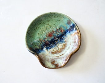 Layered glazes spoon rest, wheel thrown stoneware, mint, shino, blue, gift for the cook