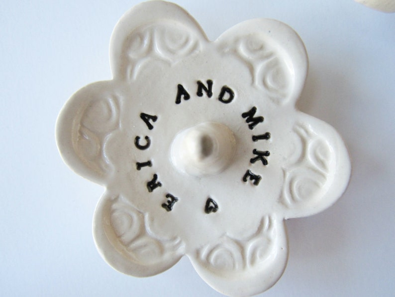 Ring Dish Stamped with Your Personalized Custom Message, Handmade Ceramic Pottery soft white