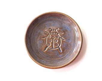 Beetle Stamp Ring Dish, Teaspoon Rest, Glazed Ceramic dish, root beer and lilac glazes, small catch all