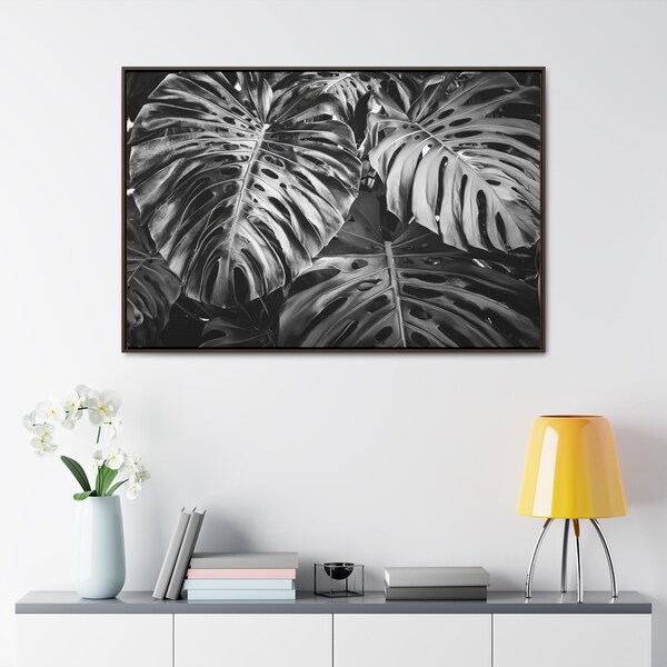 Dramatic Monstera Leaf Canvas Wrap - Black and White Photography Art for Contemporary Home Decor