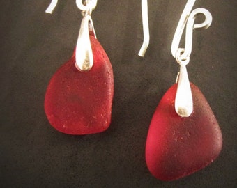 Red Sea Glass, Rare Red Seaglass Earrings - Genuine Sea Glass Jewelry, Earrings - Sterling Silver, French Hooks, Beach Glass