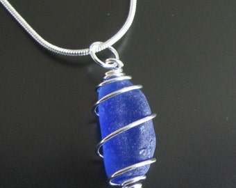 Genuine Beach Combed Cobalt Blue Sea Glass Necklace - Sterling Silver
