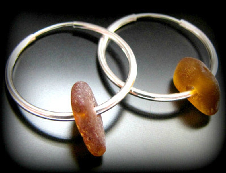 Sea Glass Jewelry, Amber Brown Hoop Earrings Genuine Sea Glass Sterling Silver Hoops, Jewellery, Seaglass, Beach Glass image 2