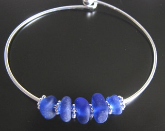 Sea Glass Bracelet, Jewelry, Deep Blue Sea - Genuine Beachcombed Cobalt Blue Seaglass - Bangle Bracelet, Jewellery, beach glass